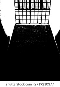 Vetor de estêncil preto e branco de alto contraste de uma parede de tijolos e telhado claraboia. Ilustração arquitetônica minimalista para design industrial urbano, cartazes grunge e elementos de arte abstrata.