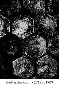 Estêncil preto e branco de alto contraste de blocos de pavimentação hexagonais. Ilustração vetorial minimalista com textura grunge para design gráfico urbano, arte de rua e padrões industriais.