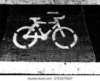 Plantilla en blanco y negro de alto contraste de un carril bici señalización vial. Ilustración de letrero urbano de grunge para diseños de transporte y ciclismo.