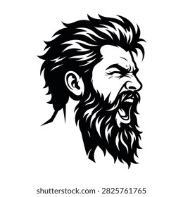 A high contrast black and white stencil of an aggressive bearded man shouting. This bold icon is perfect for barbershop branding, rugged logos, or urban style.