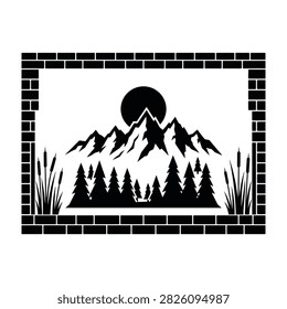 A high contrast black and white stencil template showing a scenic mountain range with a large sun, pine forest, and reeds enclosed in a brick wall border frame.