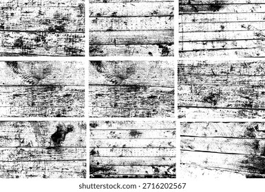 Textura em preto e branco de alto contraste de superfície de madeira rachada e úmida com camadas de descasque e grãos ásperos, ideal para fundos, sobreposições e elementos de design grunge.