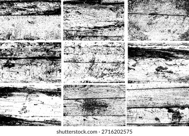 Textura en blanco y negro de alto contraste de superficie de madera agrietada con capas descascaradas y grano áspero, ideal para fondos, superposiciones y Elementos de diseño grunge.