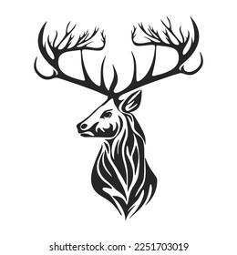 High contrast black and white vector logo illustration depicting a deer with big antlers.