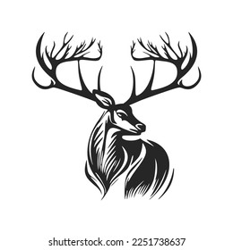 High contrast black and white vector logo illustration depicting a deer with antlers.