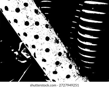 Ilustración vectorial en blanco y negro de alto contraste de texturas metálicas industriales. Tubo perforado de silueta Abstractas y resortes mecánicos con una estética granito grunge para un Diseño gráfico vanguardista.