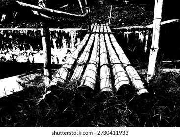 Vector blanco y negro de alto contraste de un puente de bambú tradicional. Textura orgánica arenosa para paisajes rústicos y temas de diseño de aventuras al aire libre.