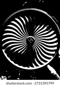 High contrast black and white vector illustration of a fan or turbine blade. Gritty industrial graphic element for technology and mechanical design