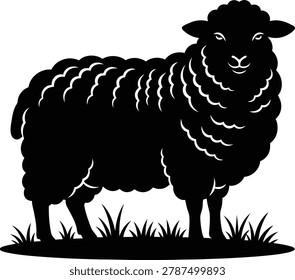 A high contrast black and white vector silhouette of a fluffy woolly sheep standing on a patch of grass