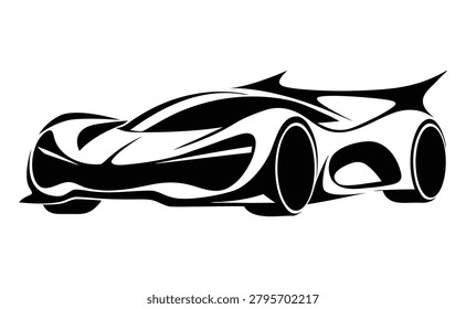 High contrast black and white vector illustration of a modern hypercar silhouette
