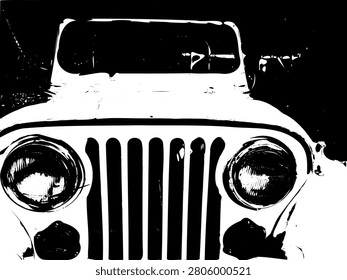 High contrast black and white vector illustration of a vintage classic off-road jeep vehicle front view. Silhouette stencil grunge graphic of an old retro car for automotive concept.