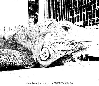 High contrast black and white vector illustration of an iguana head profile. Silhouette stencil grunge graphic of an exotic iguana lizard reptile for wildlife and herpetology concept.
