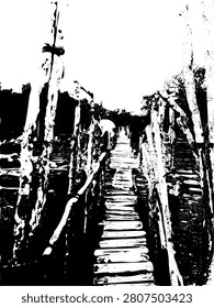 High contrast black and white vector of a long wooden boardwalk. Silhouette stencil grunge graphic of a rustic timber bridge with a mangrove forest background for ecotourism concept.