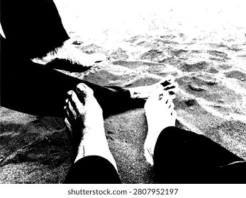 High contrast black and white vector silhouette of two pairs of bare feet relaxing on beach sand. Organic grunge summer vacation element for romantic couple travel theme.