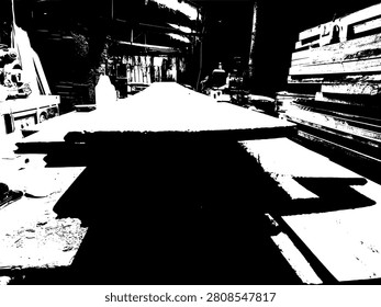 High contrast black and white vector illustration of long wood planks stack with perspective view in a sawmill workshop. Abstract rustic carpentry industrial branding graphic background.