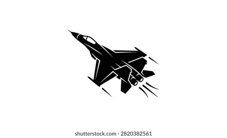 A high contrast black and white vector illustration of a military fighter jet flying at high speed