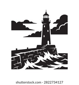 High contrast black and white vector graphic of lighthouse situated on stone pier with stormy clouds and turbulent sea. Ideal for nautical themes, ocean inspired artwork, logo design or editorial layouts needing strong maritime aesthetic focused on coastal safety and weather beaten structures.