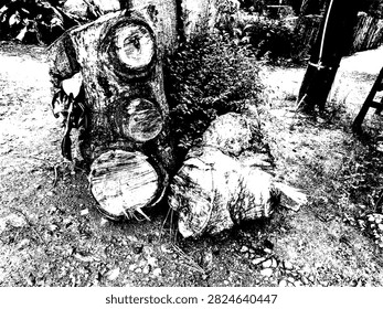High contrast black and white vector silhouette of cut Terminalia tree logs next to an ornamental bush.