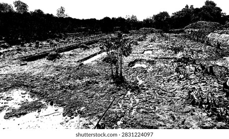 High contrast black and white vector illustration of a coastal mangrove reforestation landscape.