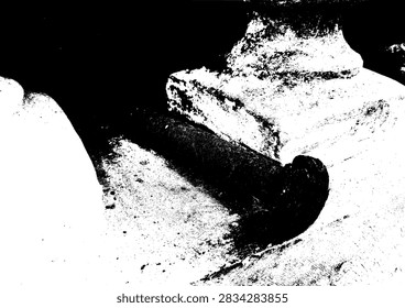 High contrast black and white vector illustration of an old corroded metal pin on a concrete base.