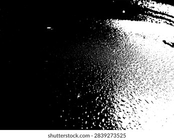 High contrast black and white vector illustration of morning dew drops on a car hood in stencil style.