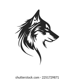 High contrast black and white wolf head logo vector illustration.