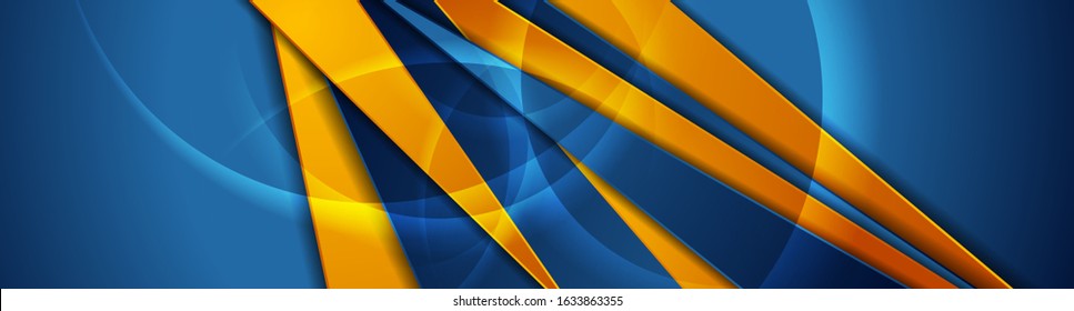 Diseño de banner corporativo de tecnología abstracta azul de alto contraste con bandas y círculos brillantes. Antecedentes corporativos del vector