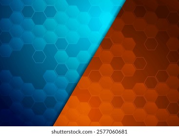 High contrast blue and orange mosaic hexagons abstract geometric background. Vector technology minimal design