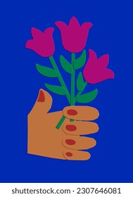 High contrast childish cutout illustration. Vector hand with bouquet of flowers on blue background. Unique composition in papercraft kids style. Ideal for post, poster, background.