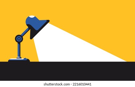 High contrast color lamp idea on office desktop table with light bulb spotlight. Business FAQ brilliant concept. Vector illustration flat design for banner, background, and wallpaper.  copy space.