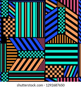 High contrast colorful Seamless pattern with bold stripe blocks mix with checkered  modern style elements geometric,design for fashion advertising ,web,fabric wallpaper and all prints on black
