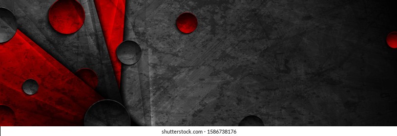 Tiras y círculos rojos oscuros de alto contraste. Resumen del diseño de pancartas gráficas tecnológicas en grunge. Vieja textura de hormigón de pared. Antecedentes corporativos del vector