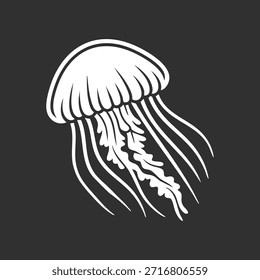 High contrast drawing of a jellyfish with trailing tentacles against a dark square.