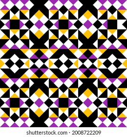 High contrast geometric pattern using triangles, squares, and diamonds in black, white, purple, and yellow, forming a symmetrical, quilt mosaic.