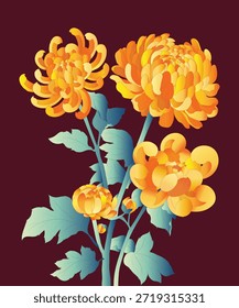 High Contrast Golden Chrysanthemum Vector Art for Festive Packaging and New Year Design	

