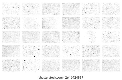 High contrast grain texture pack. Speckled dust overlay collection with grunge scatter noise effects. Dirty distressed background elements set.
