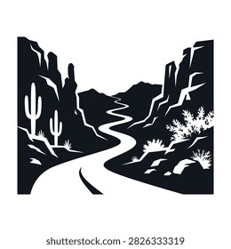 High contrast graphic of a desert canyon scene. Features saguaro cacti, rocky cliffs, and a curving path through the arid terrain.