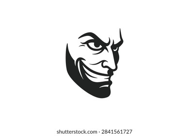 A high contrast graphic design featuring the profile of a bearded man with a sly expression and sharp features isolated on a white background
