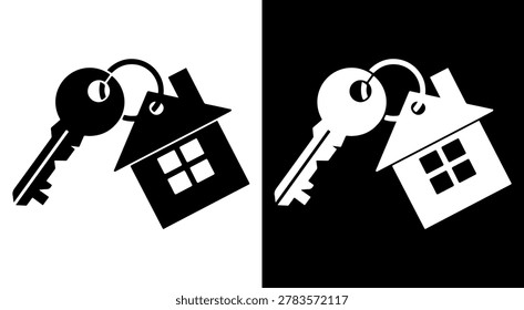 A high contrast graphic of a door key with a house shape tag representing home ownership property sales and residential security.