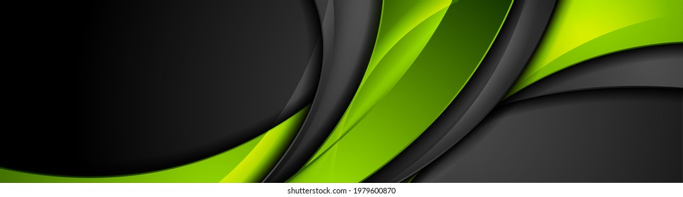 High Contrast Green And Black Glossy Waves. Abstract Tech Graphic Banner Design. Vector Corporate Background