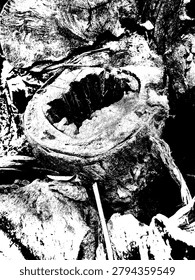High contrast grunge stencil vector of a large hollow tree trunk log. Black and white rustic decayed timber wood cavity pattern, abstract rotten lumber background.