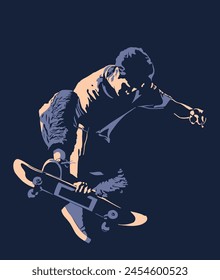 High contrast, hand drawn, isolated young man jumping on skateboard. Vector illustration.