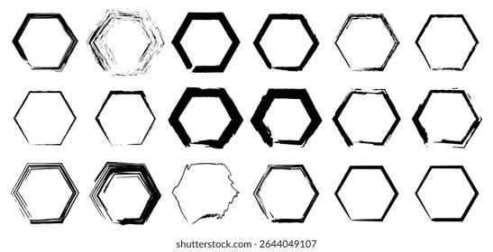 Coleção de hexágonos de alto contraste com texturas criativas de tinta grunge e esboços minimalistas, perfeito para elementos gráficos digitais e elementos de layout.

