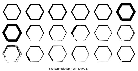 High contrast hexagon collection featuring creative grunge ink textures and minimalist sketches, perfect for digital graphics and layout elements.


