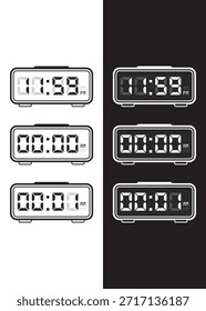 Un conjunto de iconos de alto contraste que representa un Restablecer de reloj de 24 horas. Perfecto para visualizar la gestión del tiempo, las cuentas regresivas o el cambio sin problemas de un día para otro.
