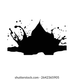 A high contrast image of a black ink splash against a white background. The ink is irregularly shaped with various sized droplets and splatters. The overall mood is dynamic and energetic.