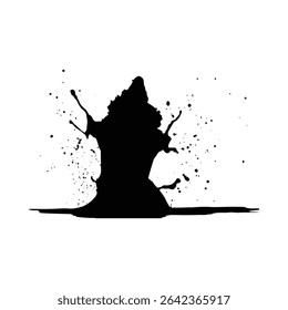 Uma imagem de alto contraste com uma tinta preta se espalha sobre um plano de fundo branco. A tinta forma uma bolha central com irradiador e gotas menores. O estilo é abstrato e dinâmico.