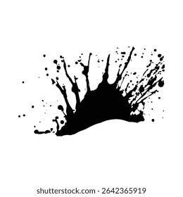 A high contrast image of a black ink splatter on a white background. The splatter has various sized droplets and streaks radiating outwards. The overall effect is dynamic and abstract.