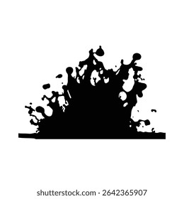 A high contrast image depicting a large black ink splash against a white background. The ink has a dynamic, irregular shape with various sized droplets and splatters. 