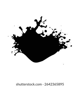 A high contrast image of a large black ink splotch on a white background. The ink has a dynamic, irregular shape with various sized droplets and splashes. 